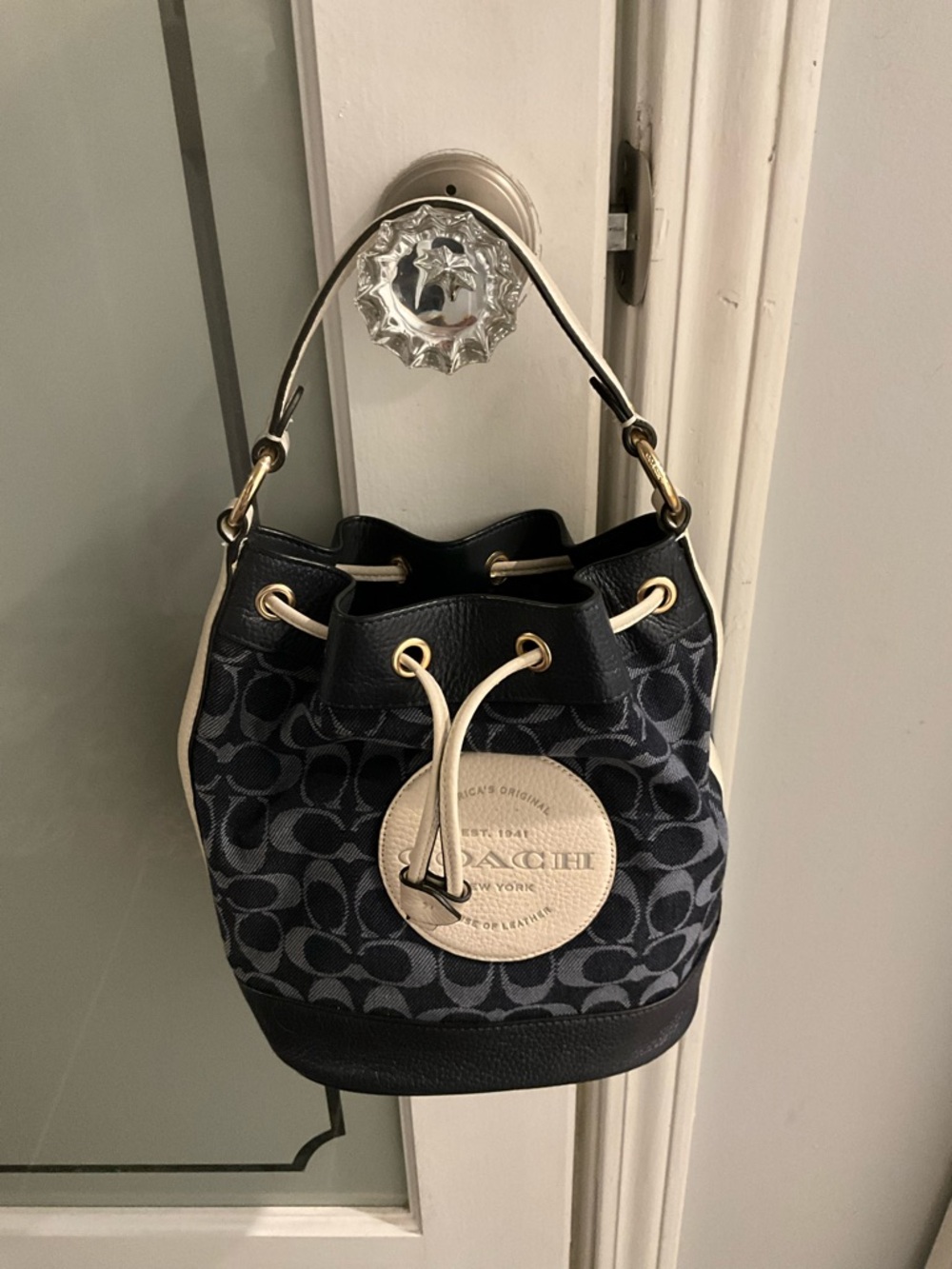 Coach Dempsey Navy Signature Bucket Bag with Tan Accents and Rainbow Strap - Picture 12 of 12